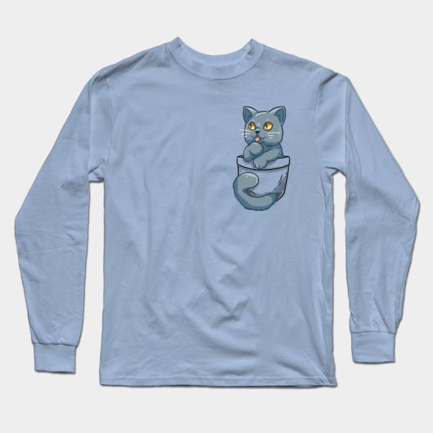 Pocket Cute British Shorthair Cat Long Sleeve T-Shirt by TechraPockets